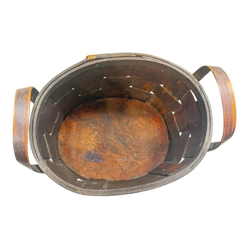 Wood & Tin Basket with Handle Apple & Leaf‎ Appliqué Fall Harvest Thanksgiving